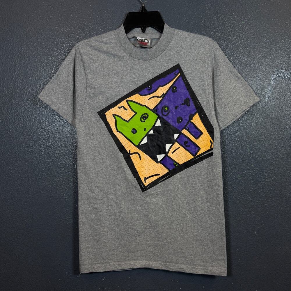 Oneita S men’s gray dinosaur vintage graphic t-shirt 90’s tee